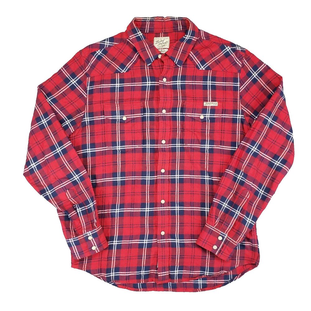 Lucky Brand Pearl Snap Flannel Shirt Mens Medium Red Plaid Western‎ Rodeo